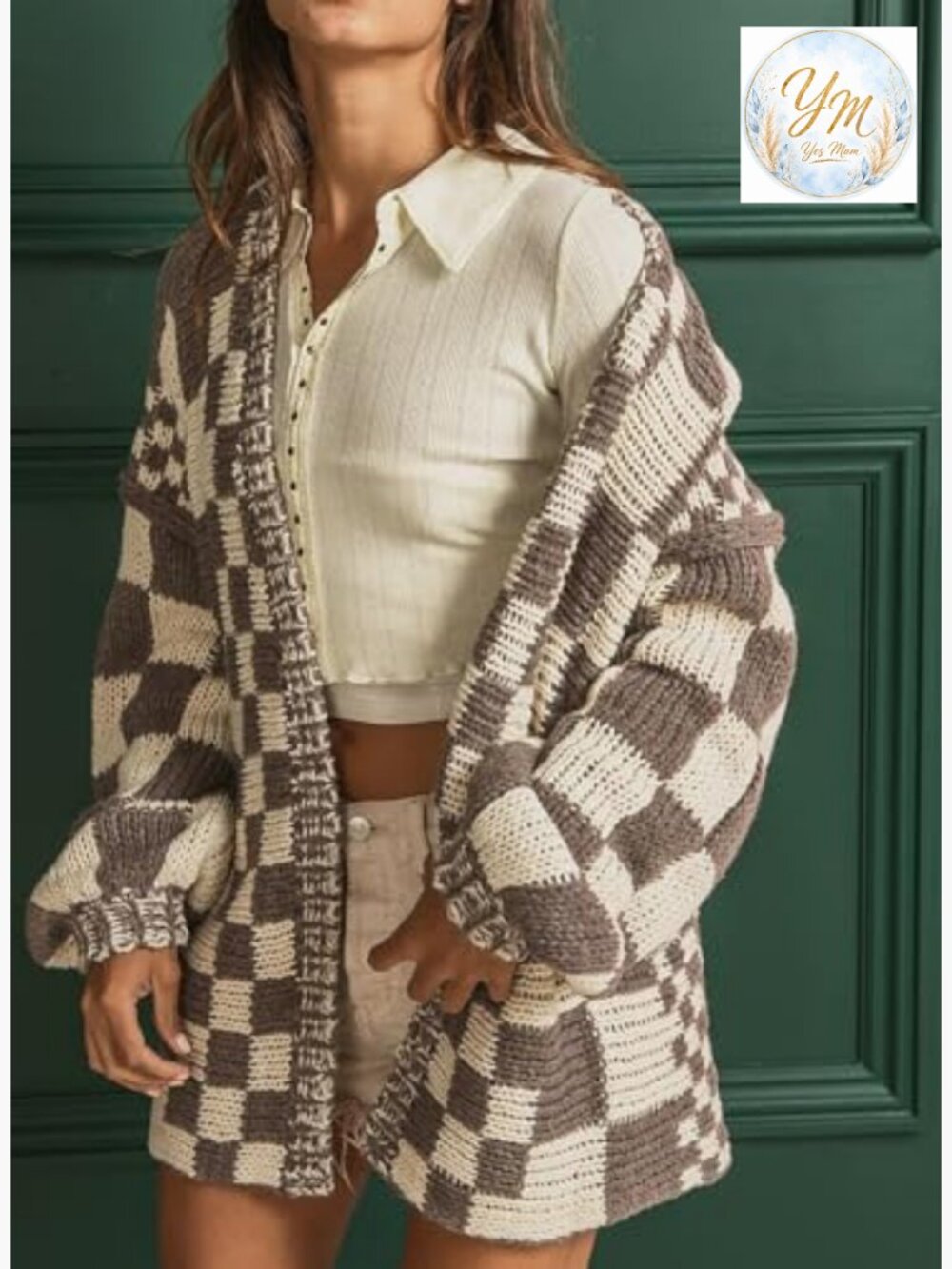Vintage Open Front Chunky Knit Plaid Long Sleeve Cardigan - Picture 6 of 7